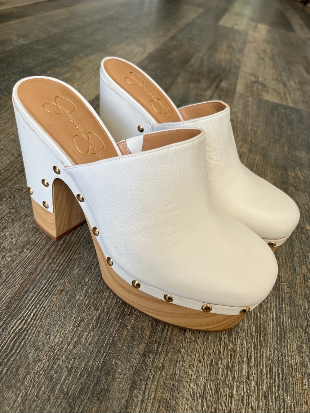 Jessica Simpson JS - DASALLY White Leather Platform Clog Mules with Gold Studs